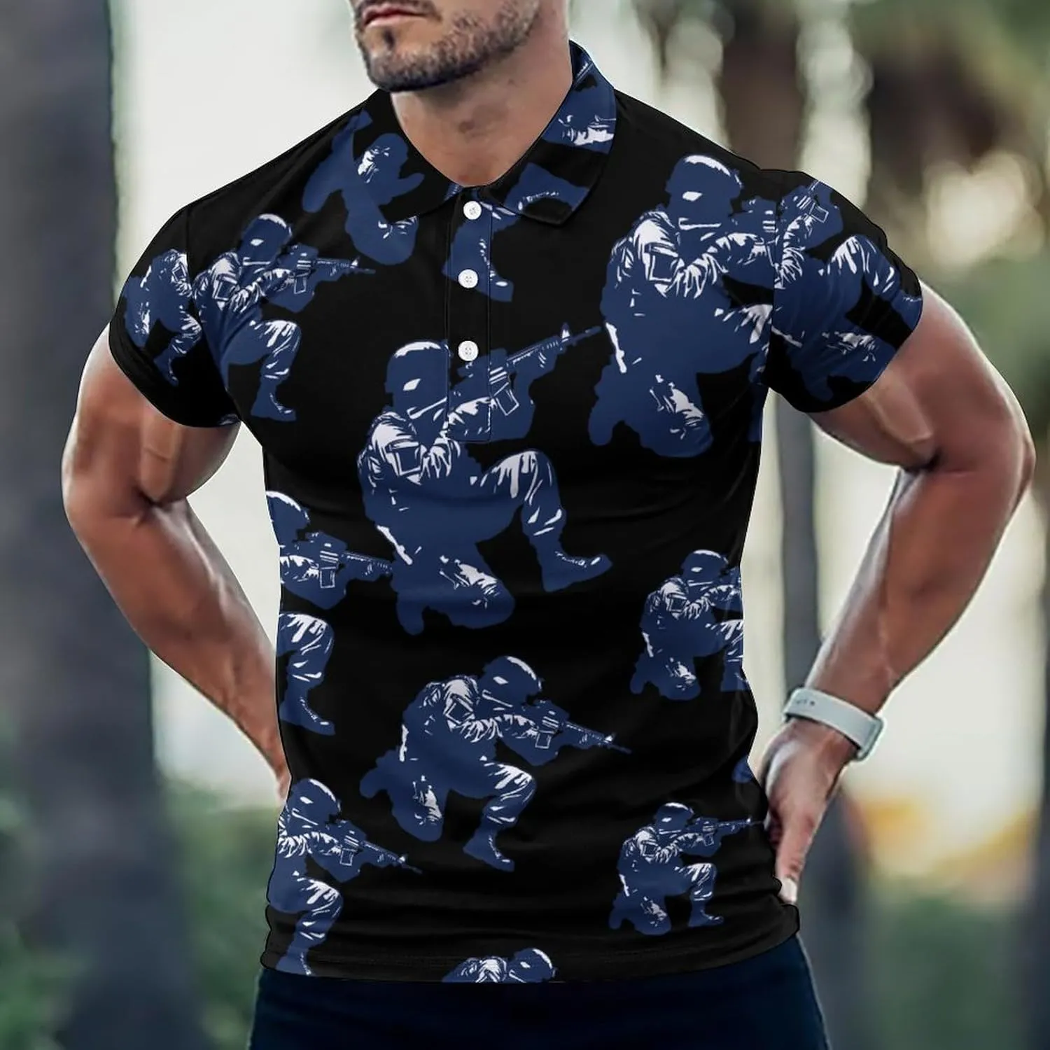 Shooting Silhouette Navy Blue Mens Polo Shirts Quick Dry Short Sleeve T-shirts Slim Tennis Collared Tees Tops