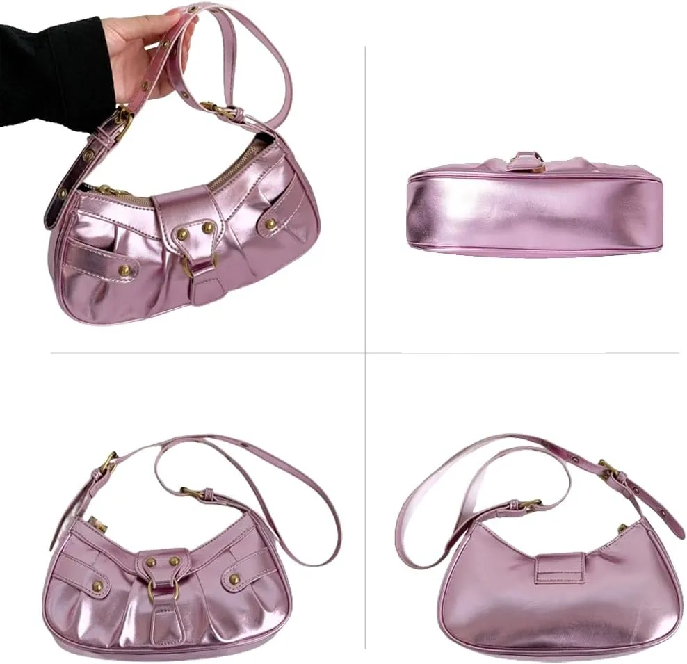 Silver Crossbody Purse Y2K Metallic Shoulder Bags for Women Leather Punk Saddle Hobo Purses