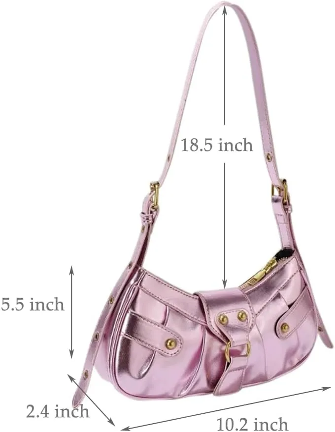 Silver Crossbody Purse Y2K Metallic Shoulder Bags for Women Leather Punk Saddle Hobo Purses