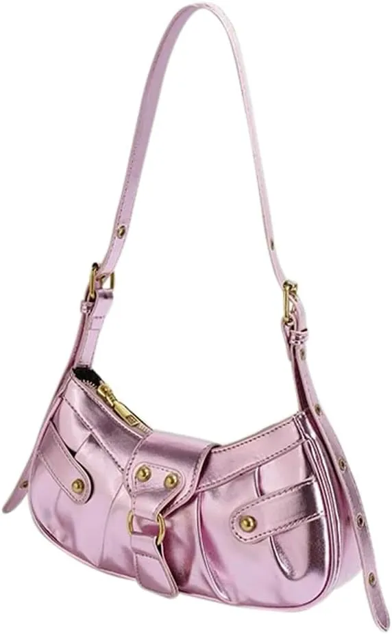 Silver Crossbody Purse Y2K Metallic Shoulder Bags for Women Leather Punk Saddle Hobo Purses