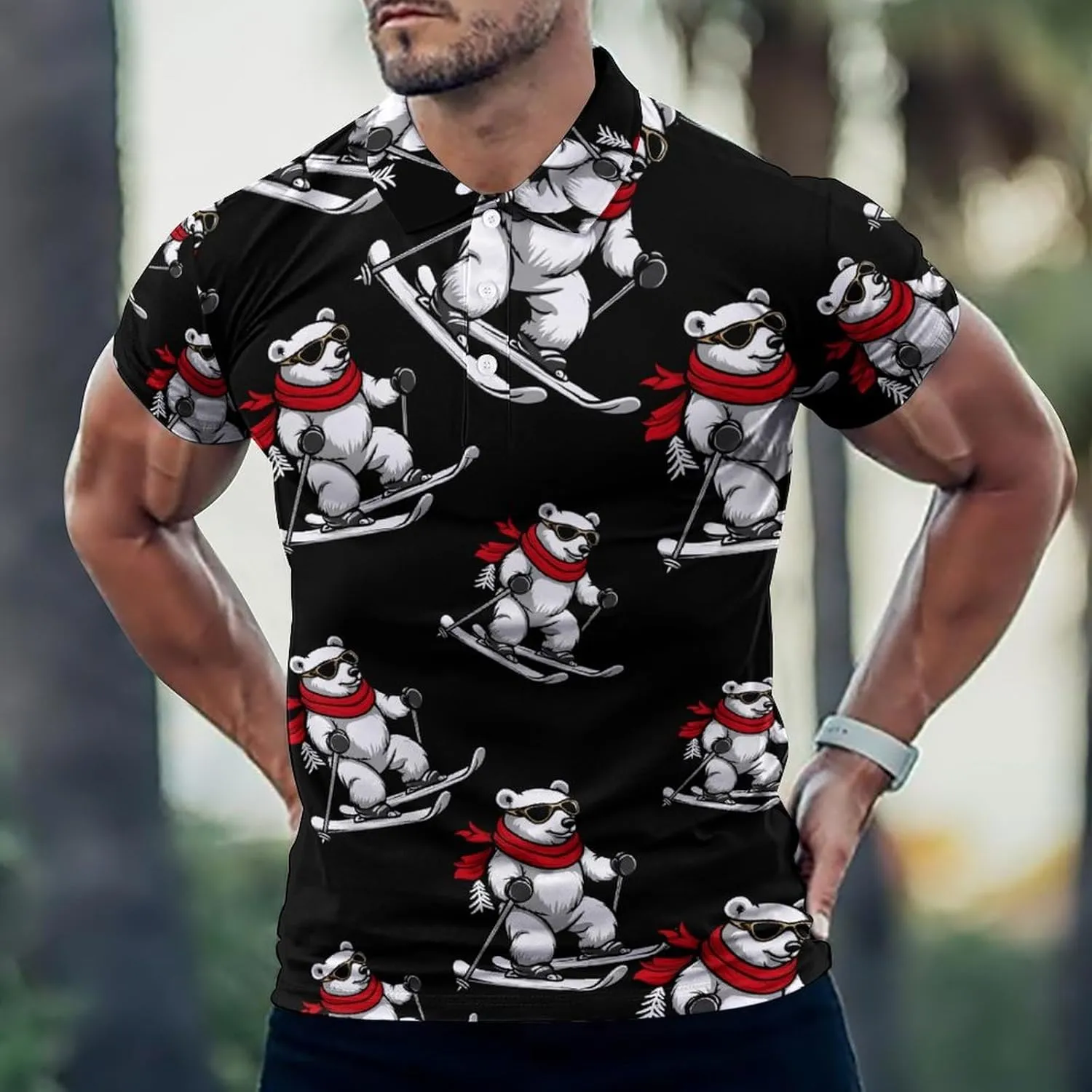 Skiing White Bear Ski Mens Polo Shirts Quick Dry Short Sleeve T-shirts Slim Tennis Collared Tees Tops