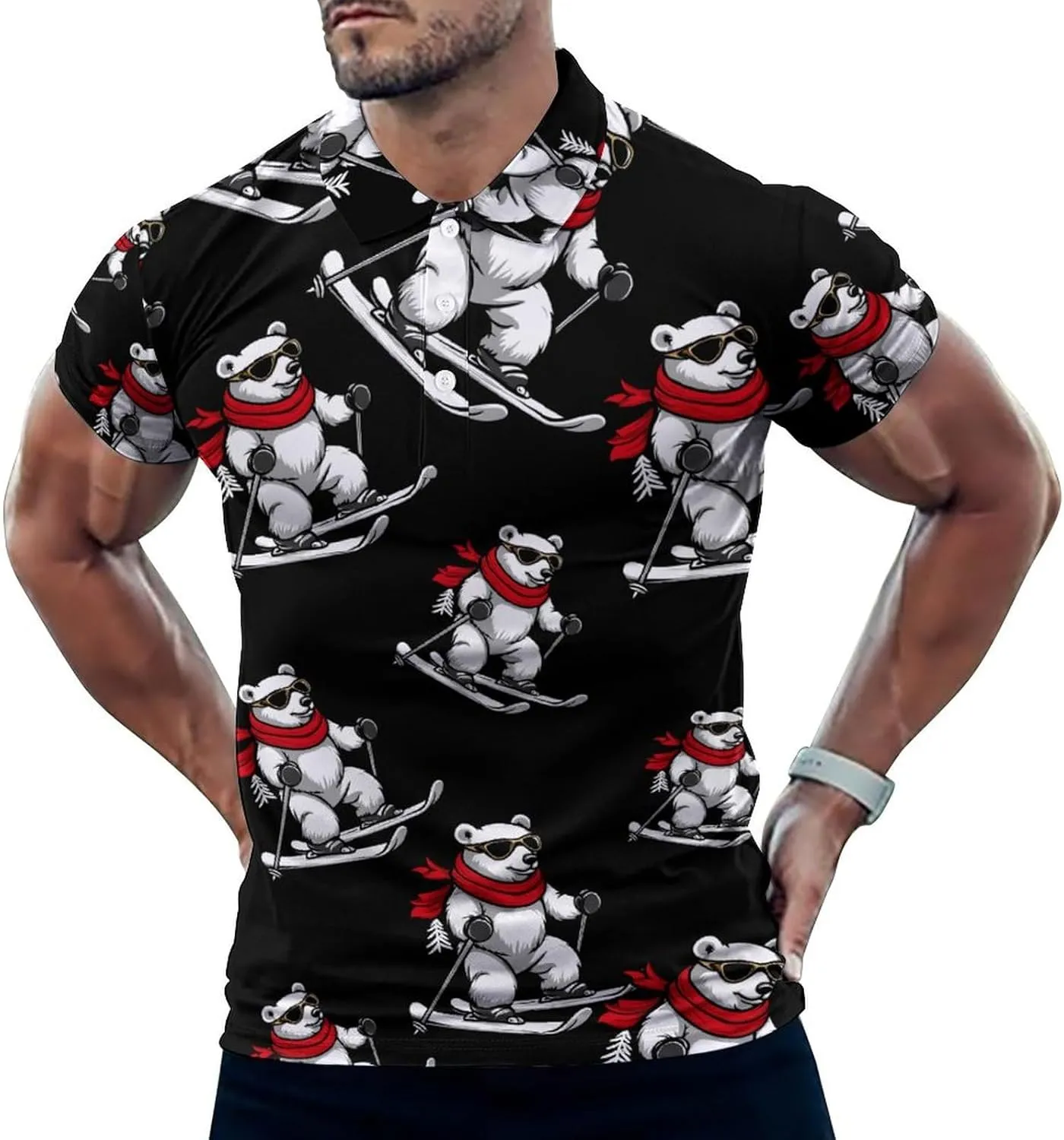 Skiing White Bear Ski Mens Polo Shirts Quick Dry Short Sleeve T-shirts Slim Tennis Collared Tees Tops