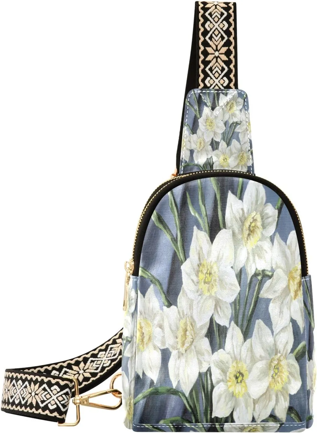 Small Sling Bag Waist Packs Leather Crossbody Packs Chest Bag Beautiful White Flower for Women Travel Belt Purse