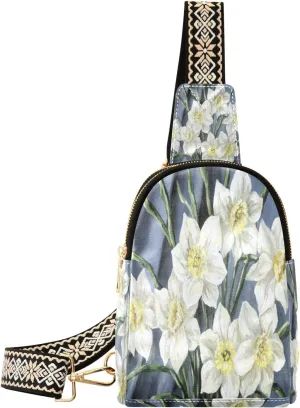 Small Sling Bag Waist Packs Leather Crossbody Packs Chest Bag Beautiful White Flower for Women Travel Belt Purse