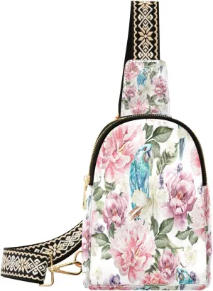 Small Sling Bag Waist Packs Leather Crossbody Packs Chest Bag Bird Flower for Women Travel Belt Purse