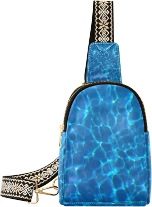 Small Sling Bag Waist Packs Leather Crossbody Packs Chest Bag Blue Water Wave for Women Travel Belt Purse
