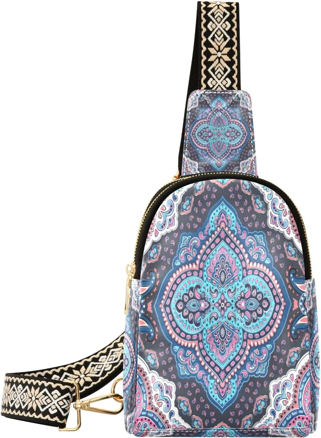 Small Sling Bag Waist Packs Leather Crossbody Packs Chest Bag Bohemian Mandala Aztec for Women Travel Belt Purse