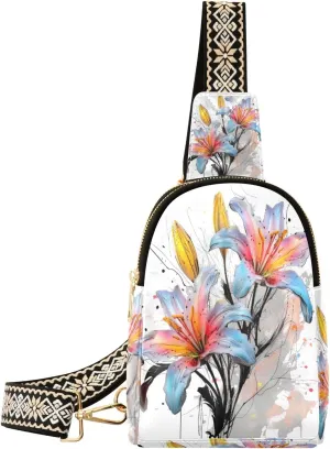 Small Sling Bag Waist Packs Leather Crossbody Packs Chest Bag Colorful Lily for Women Travel Belt Purse