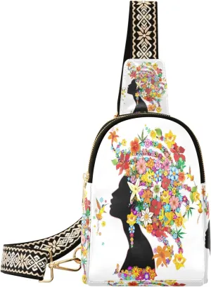 Small Sling Bag Waist Packs Leather Crossbody Packs Chest Bag Floral African American Girl for Women Travel Belt Purse