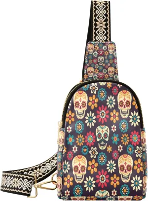 Small Sling Bag Waist Packs Leather Crossbody Packs Chest Bag Flower Skull for Women Travel Belt Purse
