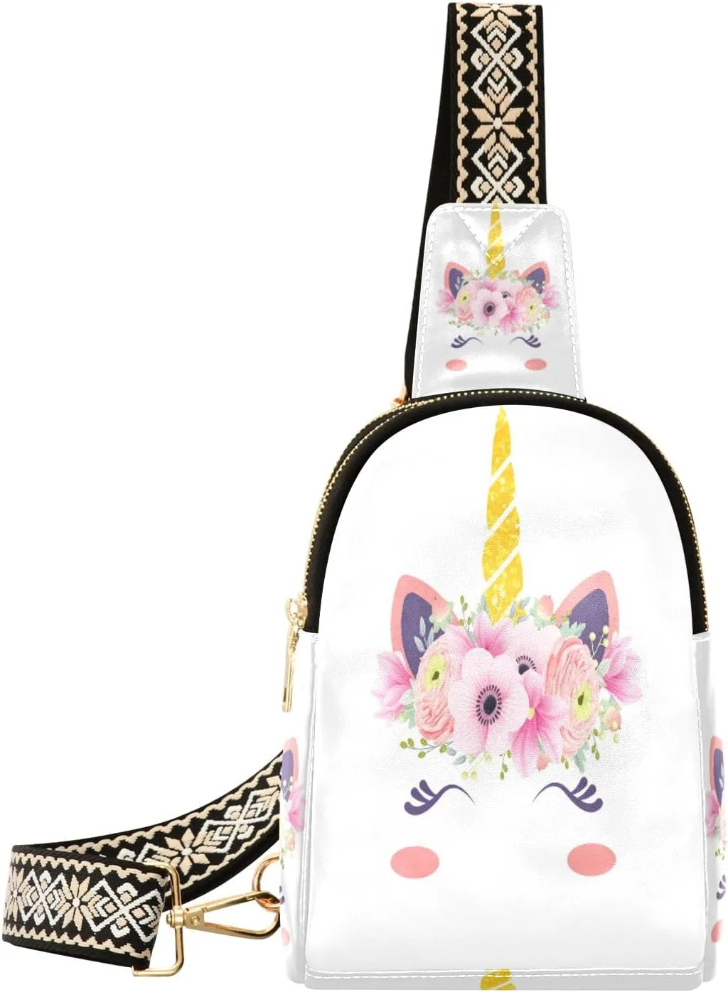Small Sling Bag Waist Packs Leather Crossbody Packs Chest Bag Flower Unicorn Cat for Women Travel Belt Purse