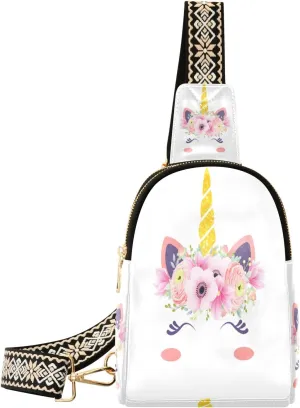 Small Sling Bag Waist Packs Leather Crossbody Packs Chest Bag Flower Unicorn Cat for Women Travel Belt Purse