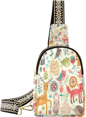 Small Sling Bag Waist Packs Leather Crossbody Packs Chest Bag Forest Animal Fox Plant for Women Travel Belt Purse