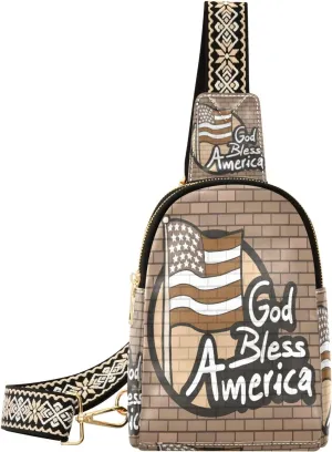 Small Sling Bag Waist Packs Leather Crossbody Packs Chest Bag God Bless American Flag Painting on The Wall for Women Travel Belt Purse