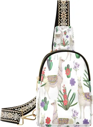 Small Sling Bag Waist Packs Leather Crossbody Packs Chest Bag Llamas and Cacti for Women Travel Belt Purse