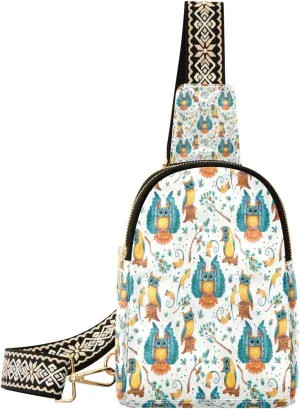 Small Sling Bag Waist Packs Leather Crossbody Packs Chest Bag Owl Pattern on White Background for Women Travel Belt Purse