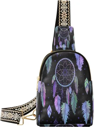Small Sling Bag Waist Packs Leather Crossbody Packs Chest Bag Purple Dreamcatcher for Women Travel Belt Purse