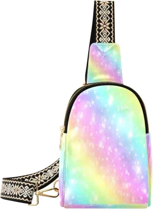 Small Sling Bag Waist Packs Leather Crossbody Packs Chest Bag Rainbow Sparkle for Women Travel Belt Purse