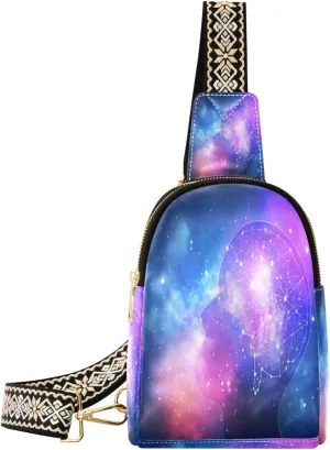 Small Sling Bag Waist Packs Leather Crossbody Packs Chest Bag Starry Sky Human Head for Women Travel Belt Purse