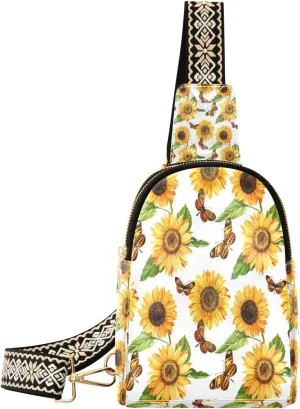 Small Sling Bag Waist Packs Leather Crossbody Packs Chest Bag Sunflower Butterfly for Women Travel Belt Purse