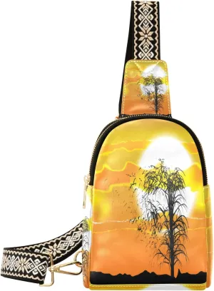 Small Sling Bag Waist Packs Leather Crossbody Packs Chest Bag Tree African Sun Clouds for Women Travel Belt Purse