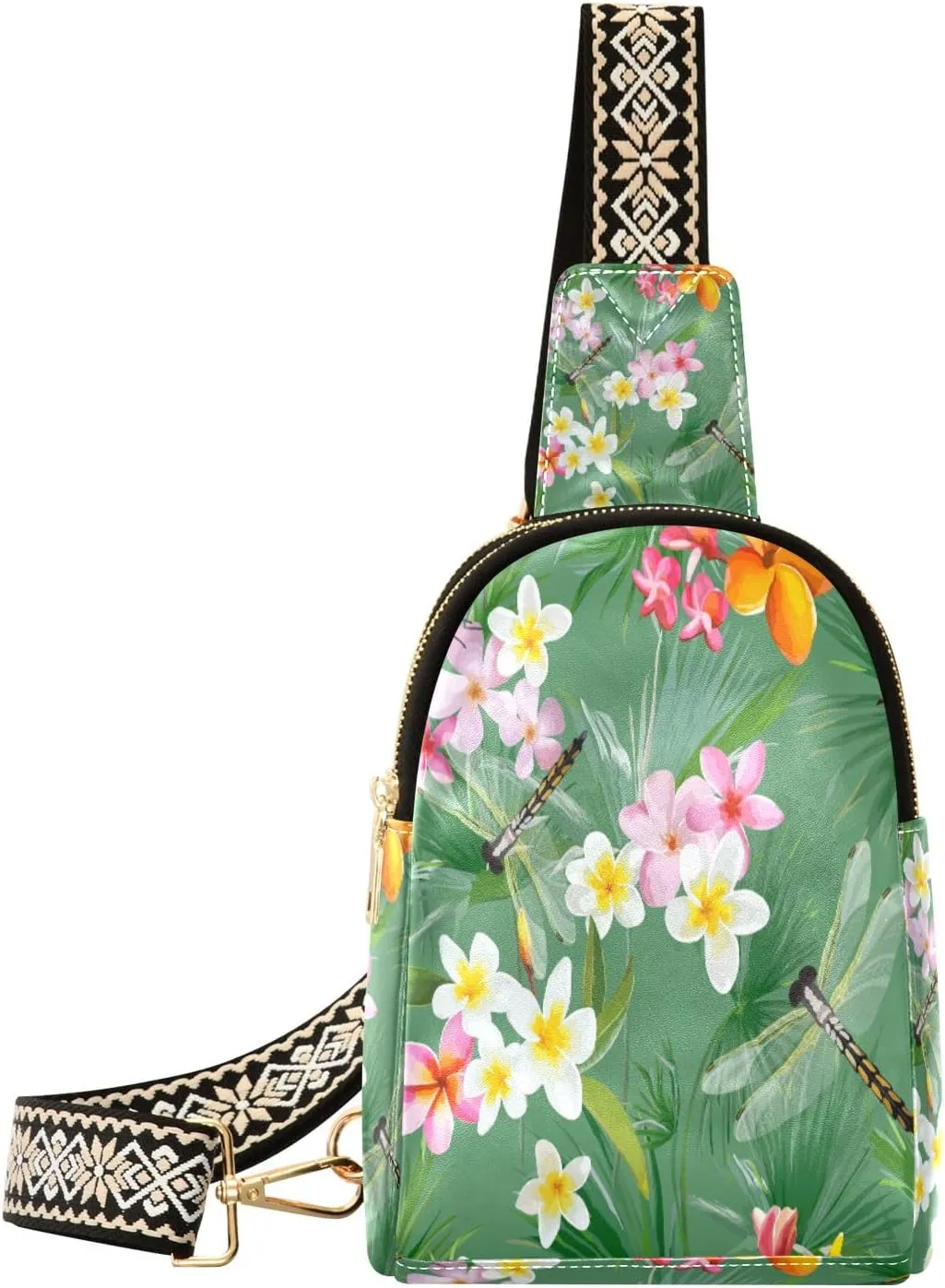 Small Sling Bag Waist Packs Leather Crossbody Packs Chest Bag Tropical Floral Dragonflies for Women Travel Belt Purse