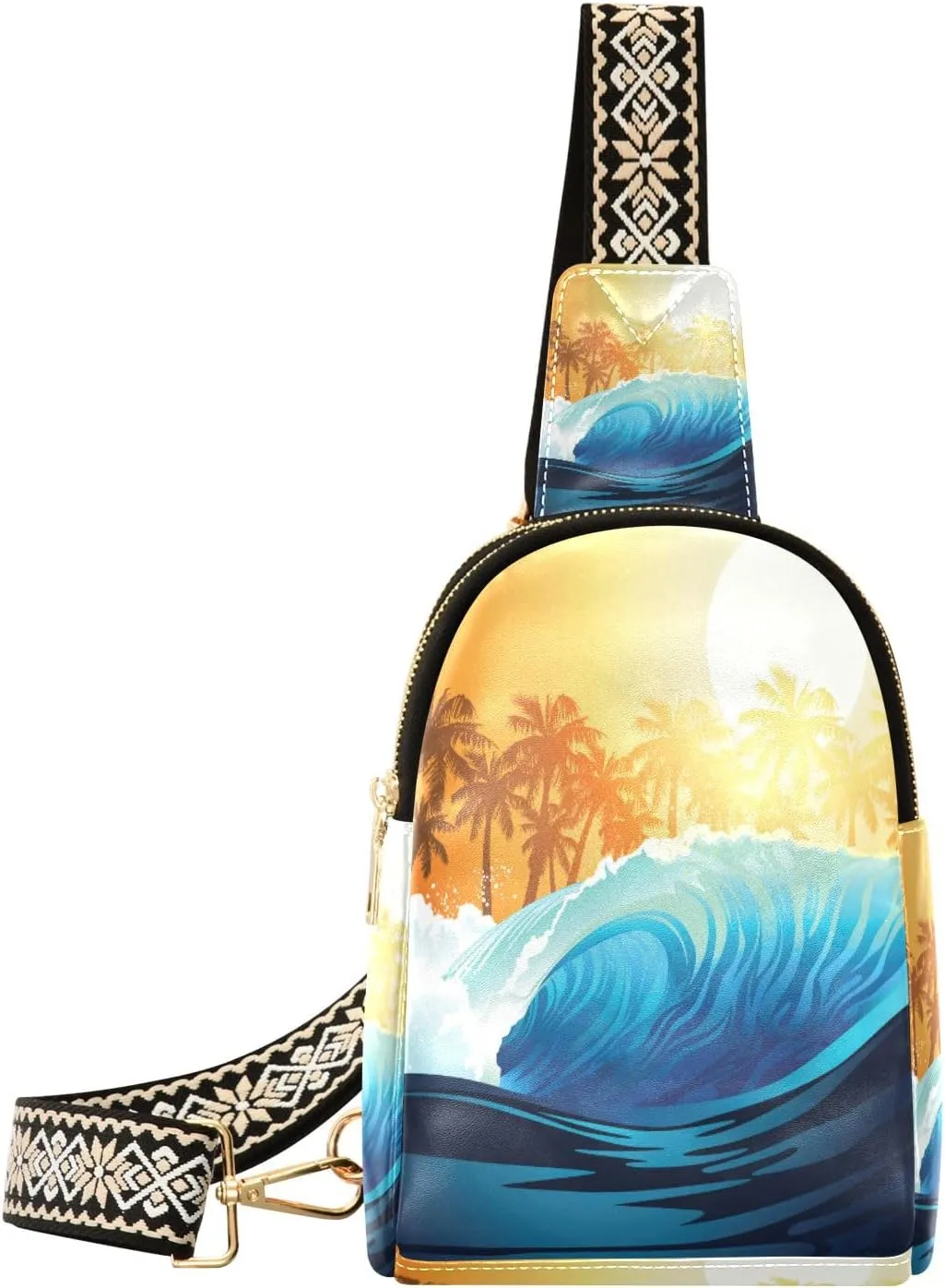 Small Sling Bag Waist Packs Leather Crossbody Packs Chest Bag Wave Sunrise Palm Trees for Women Travel Belt Purse