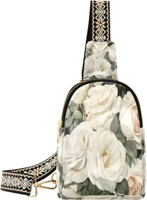 Small Sling Bag Waist Packs Leather Crossbody Packs Chest Bag White Rose for Women Travel Belt Purse