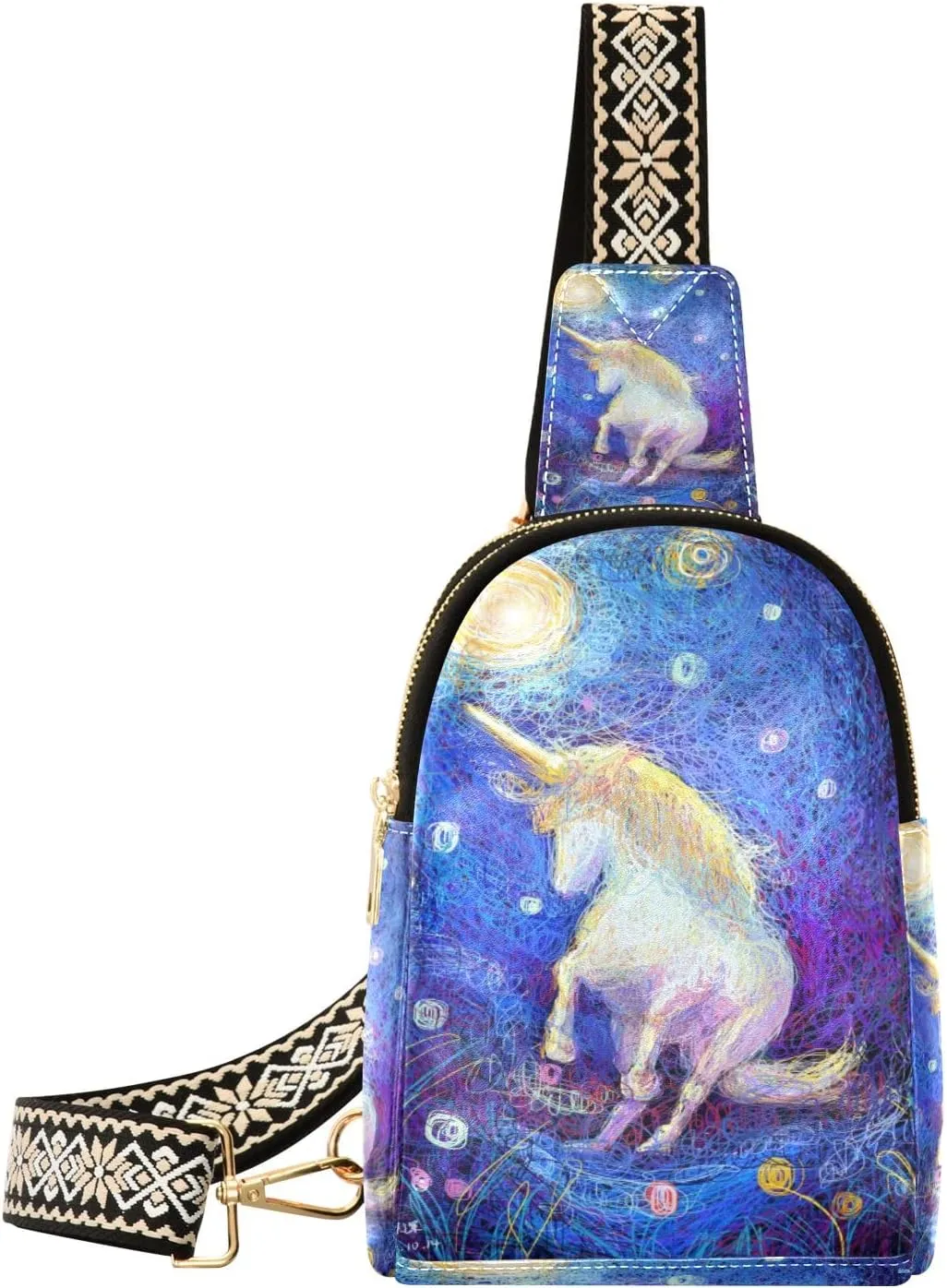 Small Sling Bag Waist Packs Leather Crossbody Packs Chest Bag White Unicorn for Women Travel Belt Purse
