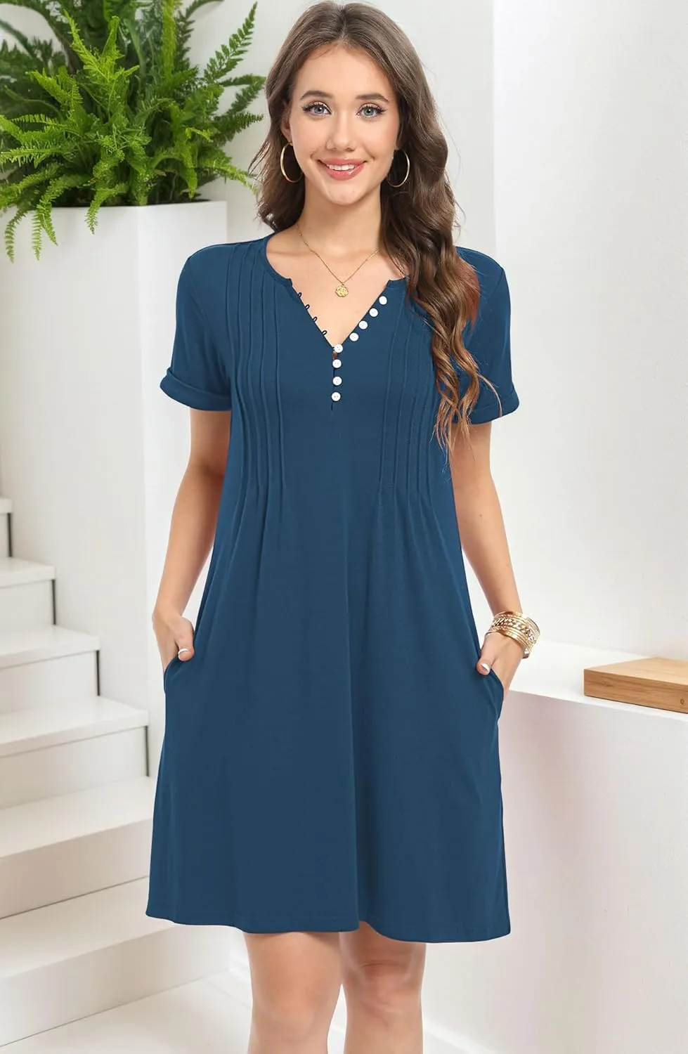 Soesdemo Womens Summer Dresses Short Rolled Sleeve Pleated Button Down V Neck Casual Beach Shift Sundresses with Pockets