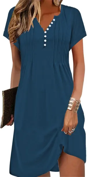 Soesdemo Womens Summer Dresses Short Rolled Sleeve Pleated Button Down V Neck Casual Beach Shift Sundresses with Pockets