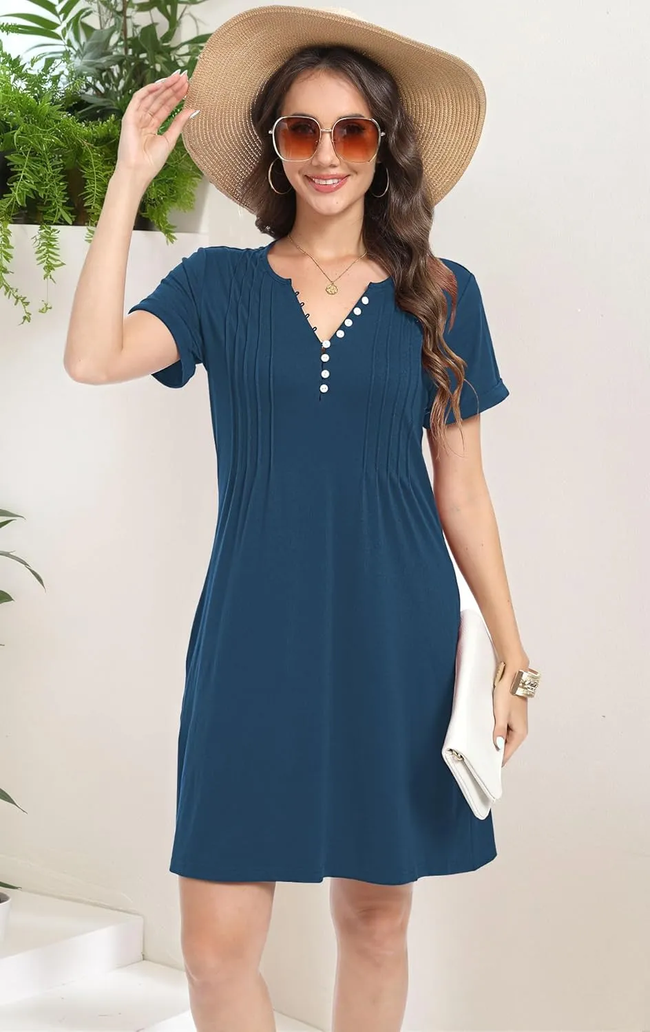 Soesdemo Womens Summer Dresses Short Rolled Sleeve Pleated Button Down V Neck Casual Beach Shift Sundresses with Pockets
