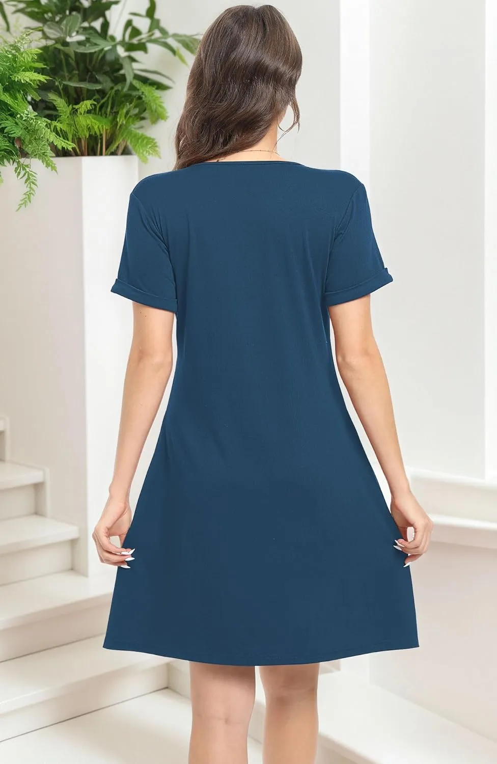 Soesdemo Womens Summer Dresses Short Rolled Sleeve Pleated Button Down V Neck Casual Beach Shift Sundresses with Pockets