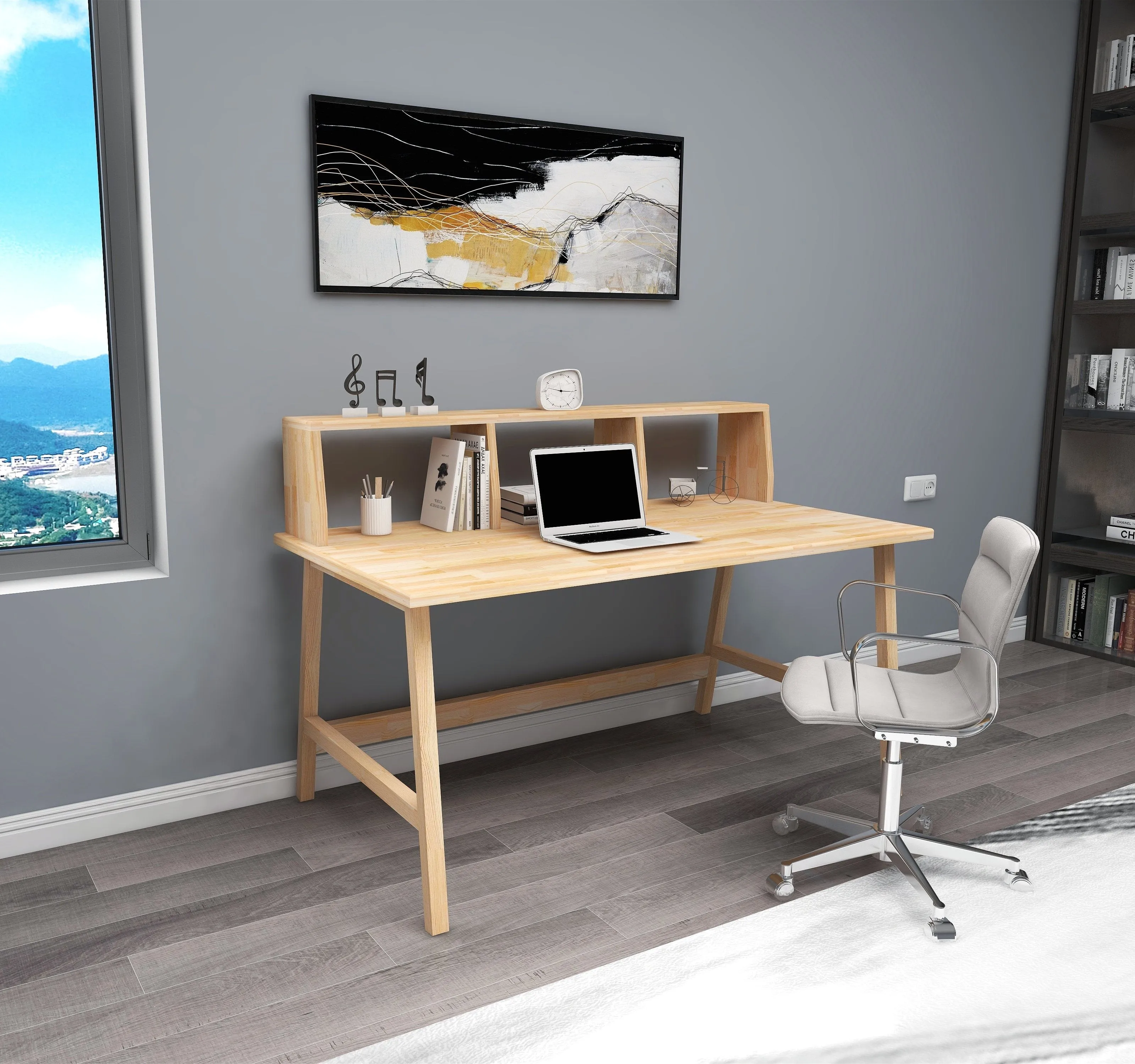 Solid Pine Wood Handmade Computer Desk with Front Bar Shelf Lumi