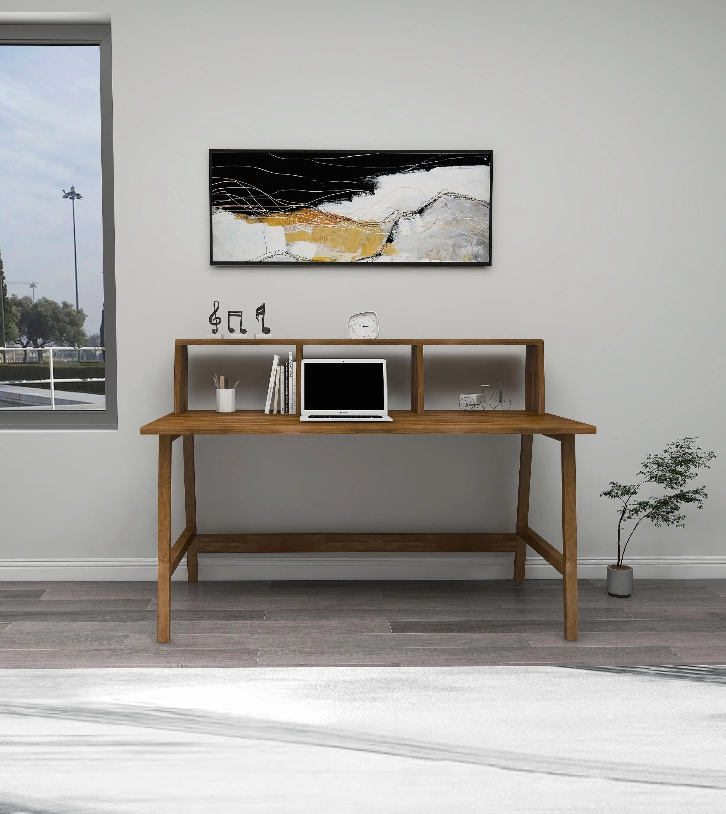 Solid Pine Wood Handmade Computer Desk with Front Bar Shelf Lumi