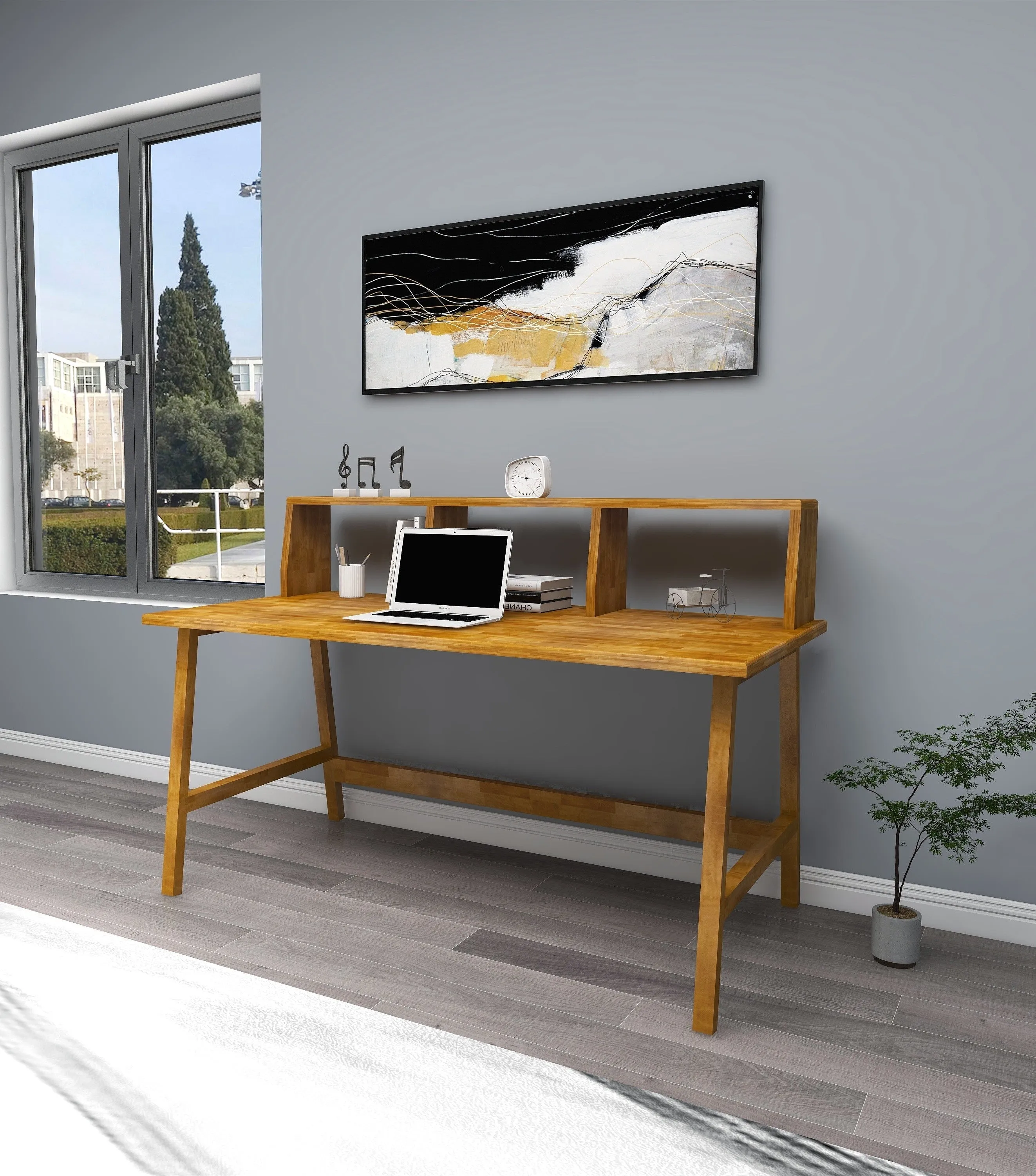 Solid Pine Wood Handmade Computer Desk with Front Bar Shelf Lumi