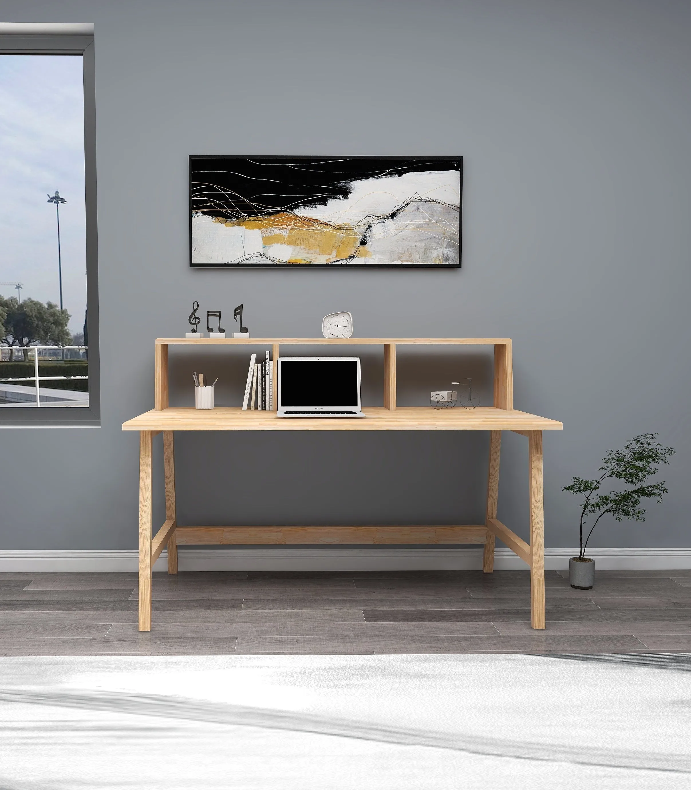 Solid Pine Wood Handmade Computer Desk with Front Bar Shelf Lumi