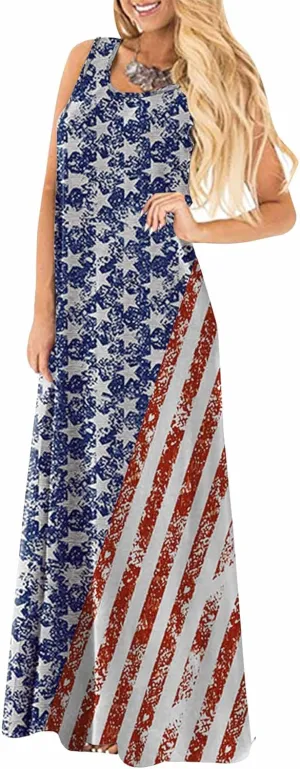 Spadehill Women's 4th of July American Flag Sleeveless Summer Maxi Dress