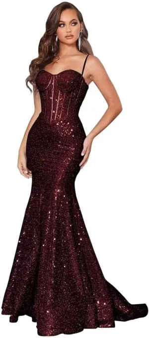 Spaghetti Straps Sequin Prom Dresses for Women 2025 Sparkly Backless Mermaid Corset Evening Formal Party Gown
