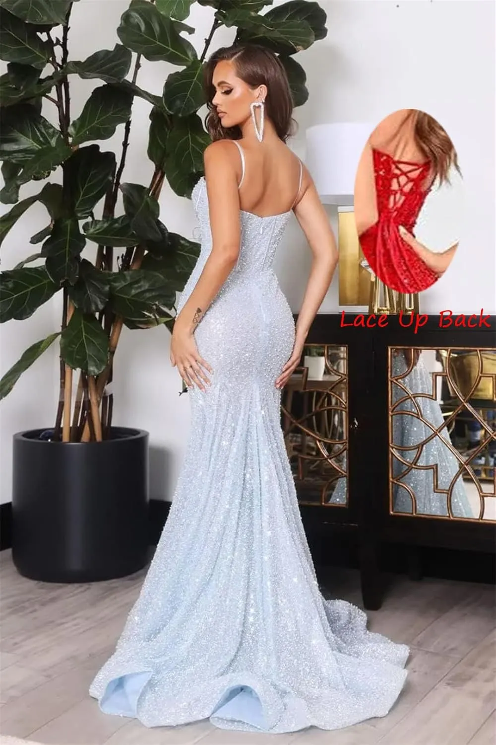 Spaghetti Straps Sequin Prom Dresses for Women 2025 Sparkly Backless Mermaid Corset Evening Formal Party Gown