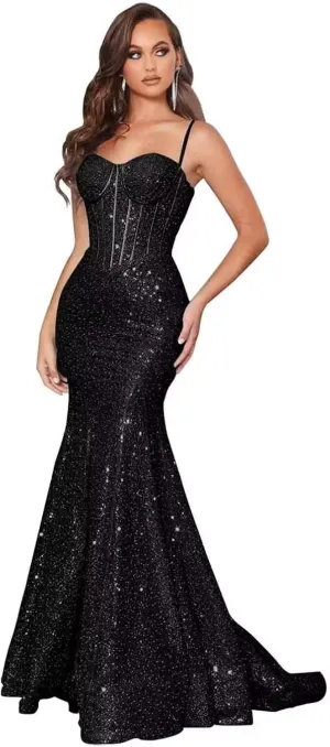 Spaghetti Straps Sequin Prom Dresses for Women 2025 Sparkly Backless Mermaid Corset Evening Formal Party Gown
