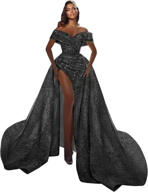 Sparkly Sequin Prom Dresses for Wome Off The Shoulder Detachable Train Evening Dress Long Ball Gown