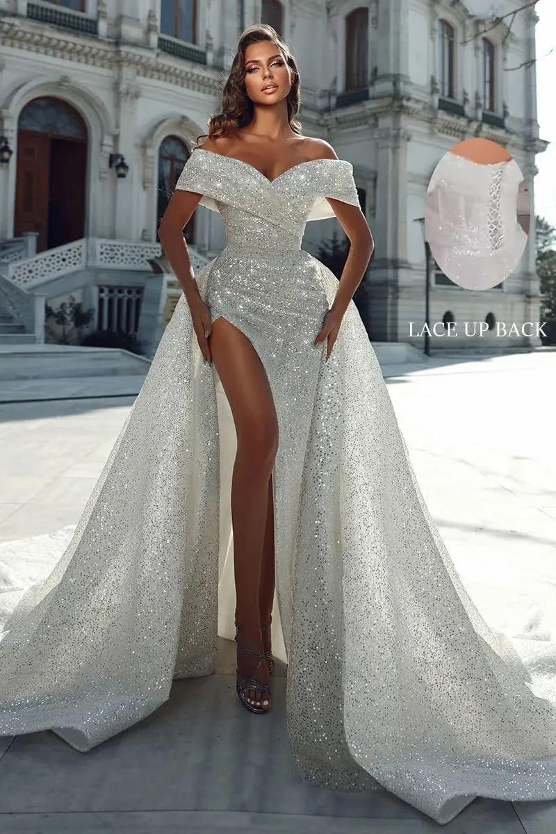 Sparkly Sequin Prom Dresses for Wome Off The Shoulder Detachable Train Evening Dress Long Ball Gown