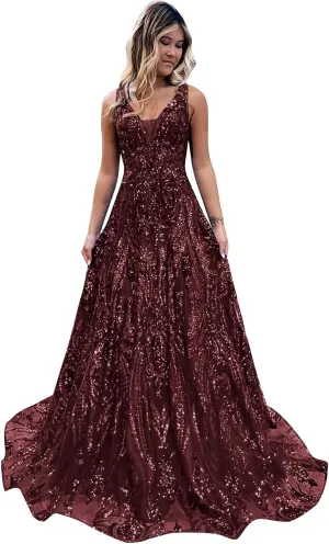 Sparkly Sequin Prom Dresses for Women V Neck A Line Evening Formal Gown 2025