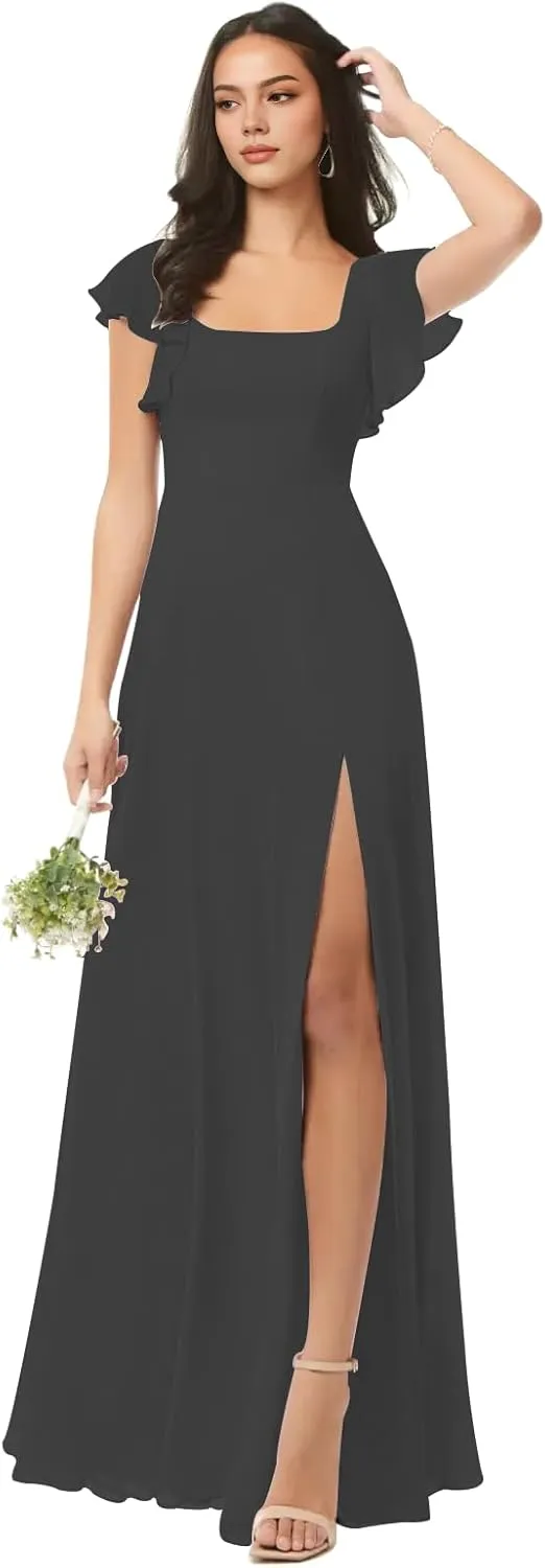 Spring Floral Bridesmaid Dresses for Women with Slit Flutter Sleeve Formal Dress Square Neck Wedding Guest Dresses