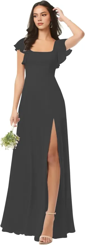 Spring Floral Bridesmaid Dresses for Women with Slit Flutter Sleeve Formal Dress Square Neck Wedding Guest Dresses