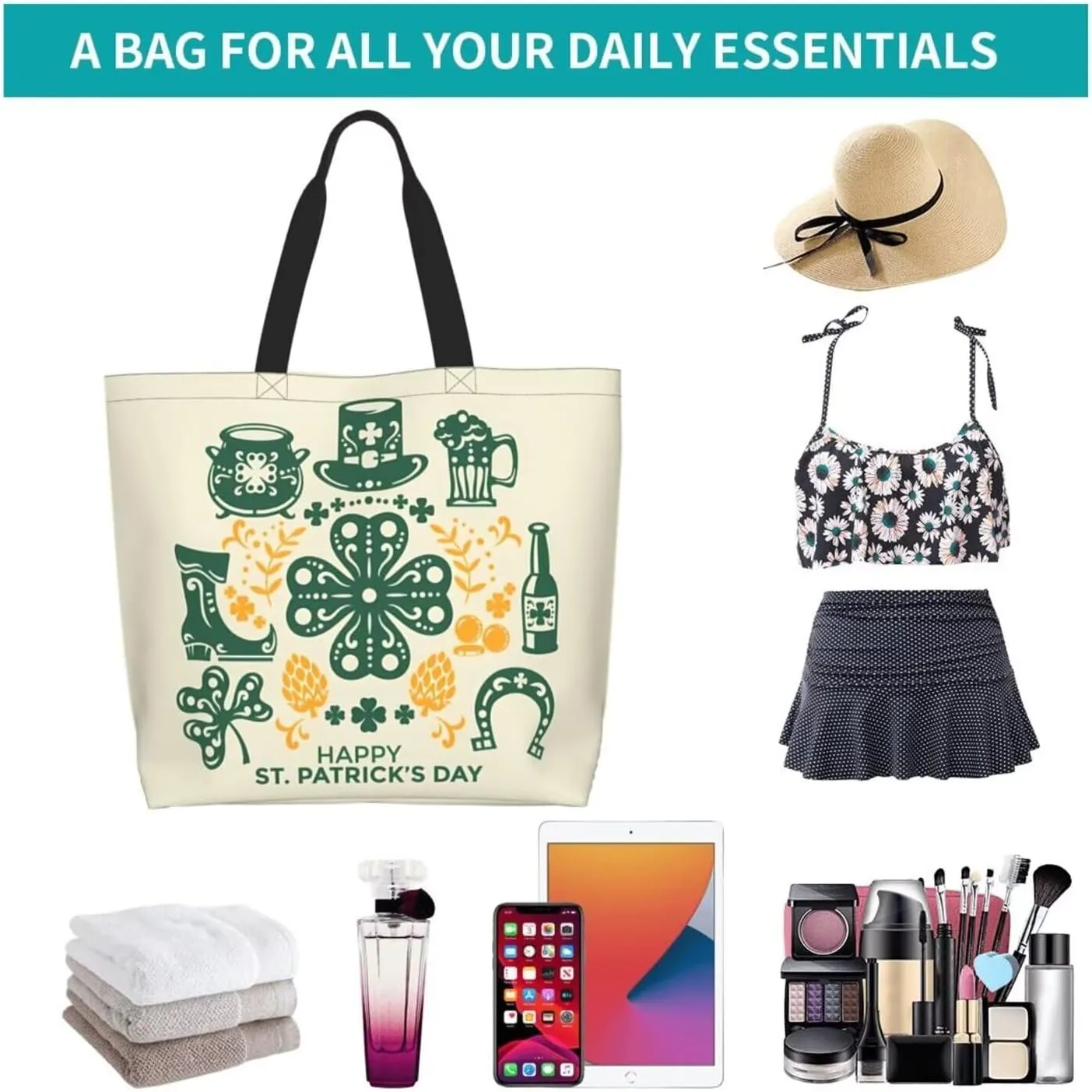 St.Patrick's Day Tote Bag Large Interior Pocket Tote Bag Reusable Shoulder Tote Bags Travel Bags
