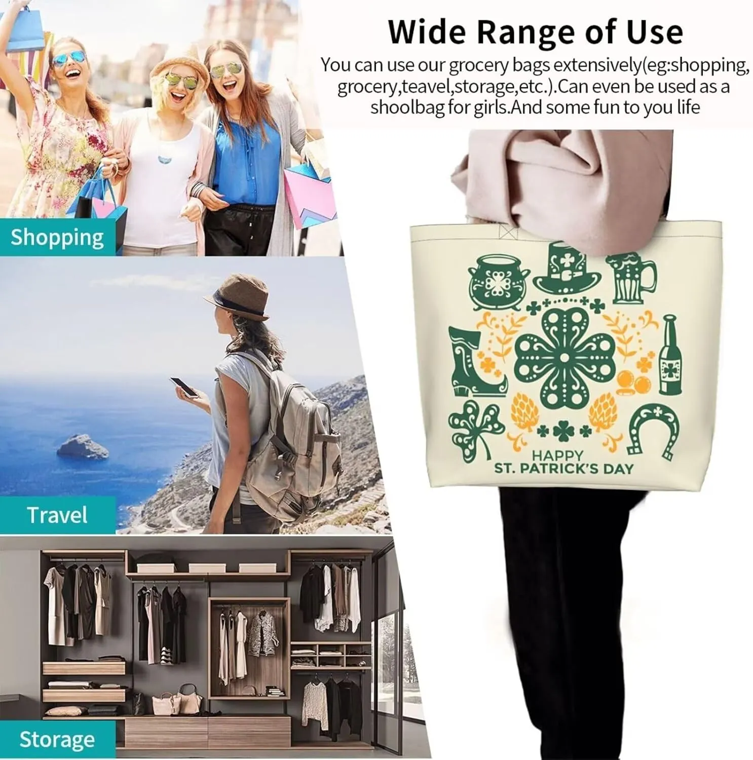 St.Patrick's Day Tote Bag Large Interior Pocket Tote Bag Reusable Shoulder Tote Bags Travel Bags