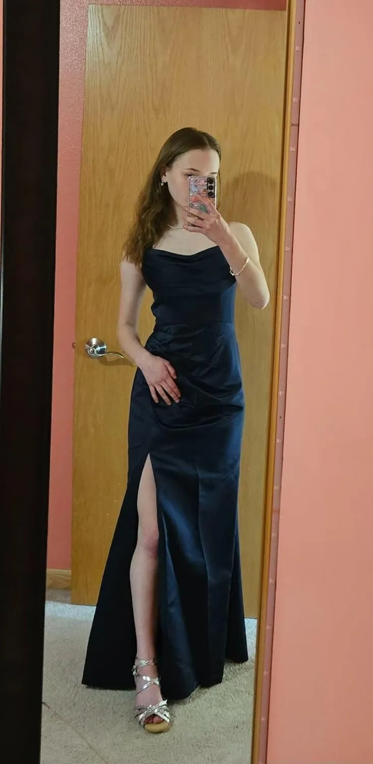 Stylefun Women's Cowl Neck Satin Prom Dresses with Slit Long Mermaid Formal Bridesmaid Dresses CYM302