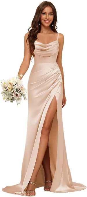 Stylefun Women's Cowl Neck Satin Prom Dresses with Slit Long Mermaid Formal Bridesmaid Dresses CYM302